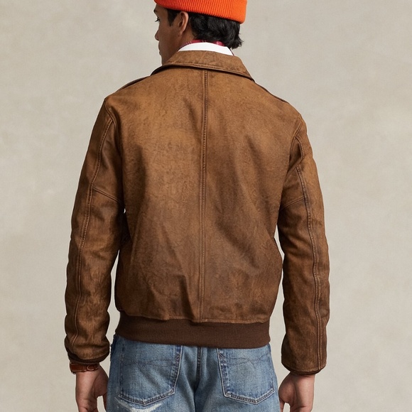 Polo Ralph Lauren Mens Brown Vintage Hand Detailed Leather Flight Bomber Jacket - Picture 3 of 10